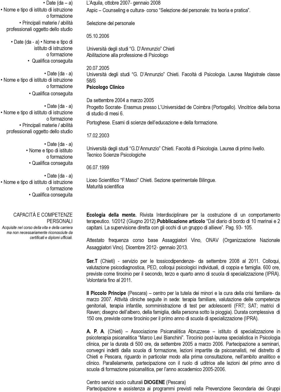 2005 Università degli studi G. D Annunzio Chieti. Facoltà di Psicologia.