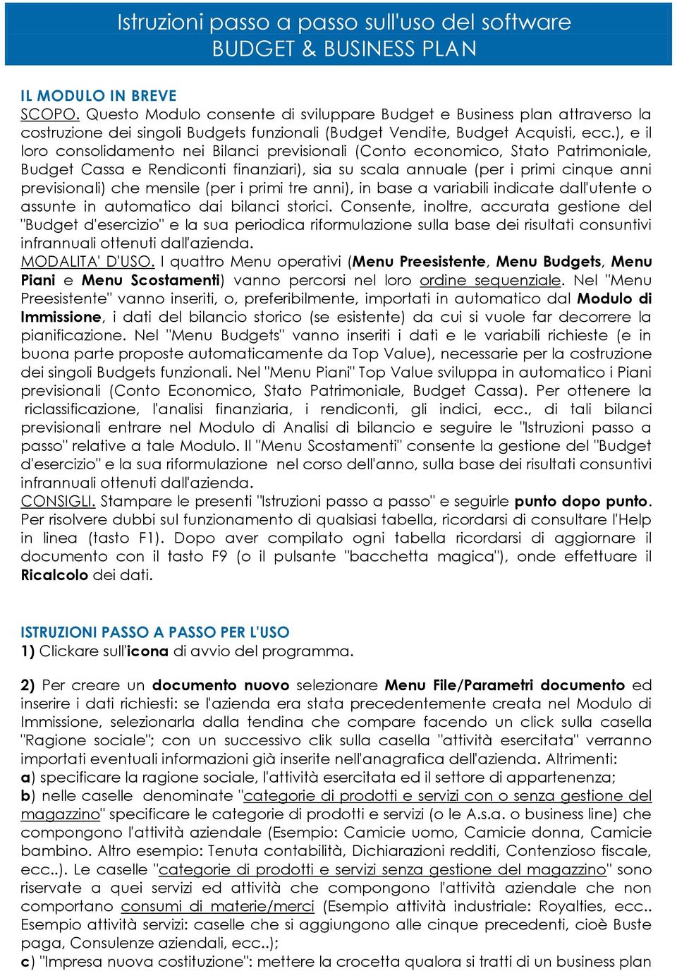 ), e il loro consolidamento nei Bilanci previsionali (Conto economico, Stato Patrimoniale, Budget Cassa e Rendiconti finanziari), sia su scala annuale (per i primi cinque anni previsionali) che