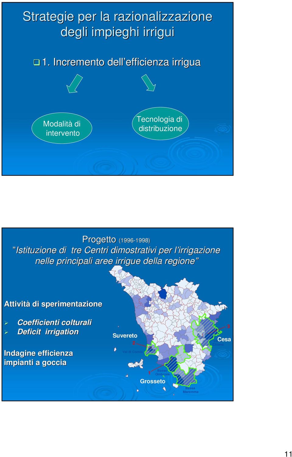 1998) Istituzione di tre Centri dimostrativi per l irrigazione l nelle principali aree irrigue della regione Attività di