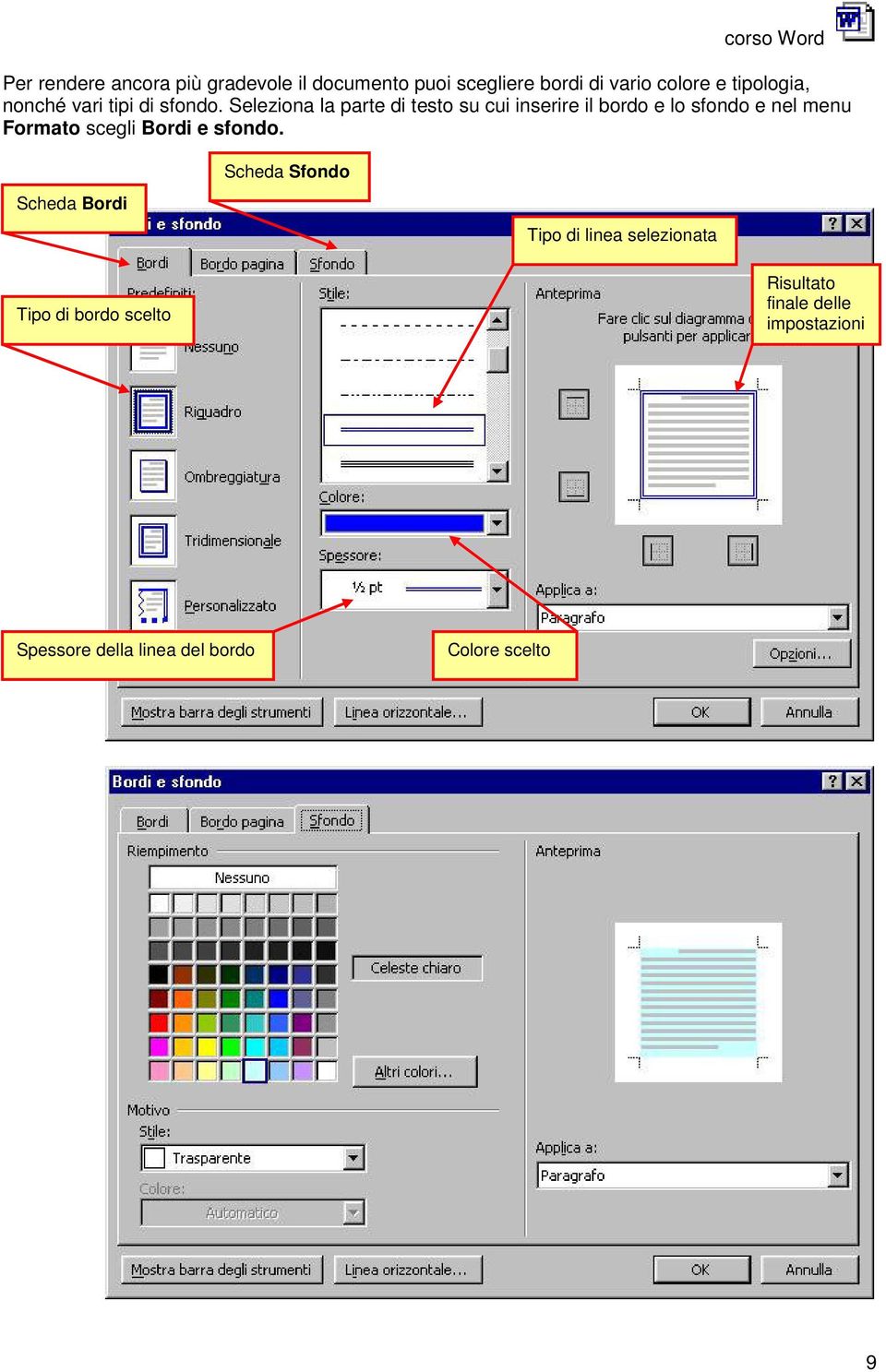 Seleziona la parte di testo su cui inserire il bordo e lo sfondo e nel menu Formato scegli Bordi