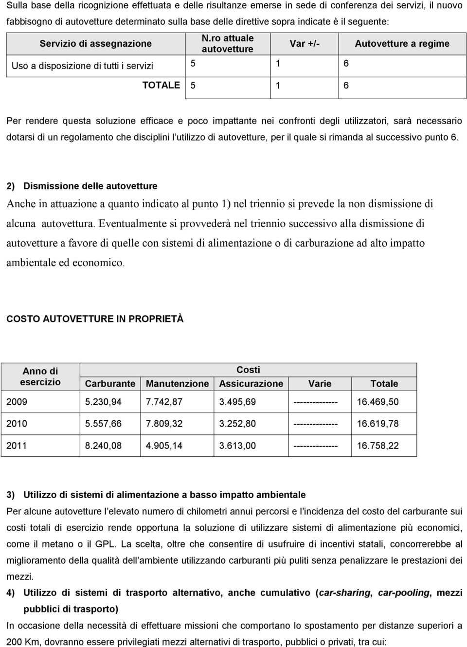 ro attuale autovetture Var +/- Uso a disposizione di tutti i servizi 5 1 6 Autovetture a regime TOTALE 5 1 6 Per rendere questa soluzione efficace e poco impattante nei confronti degli utilizzatori,