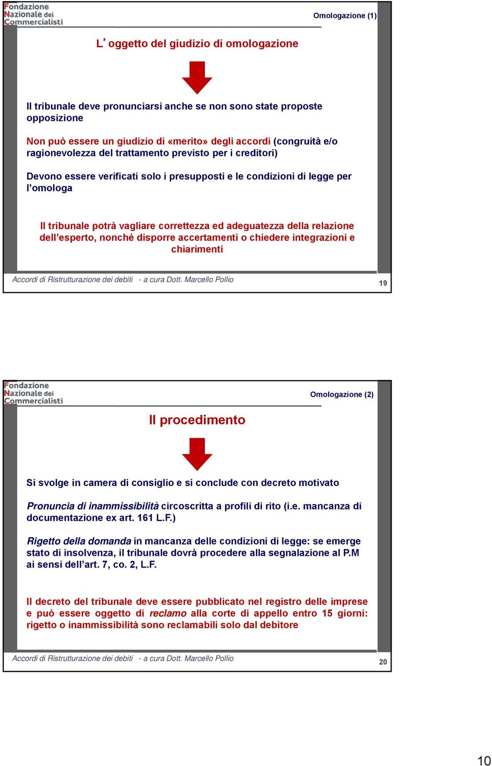 della relazione dell esperto, nonché disporre accertamenti o chiedere integrazioni e chiarimenti 19 19 Omologazione (2) Il procedimento Si svolge in camera di consiglio e si conclude con decreto