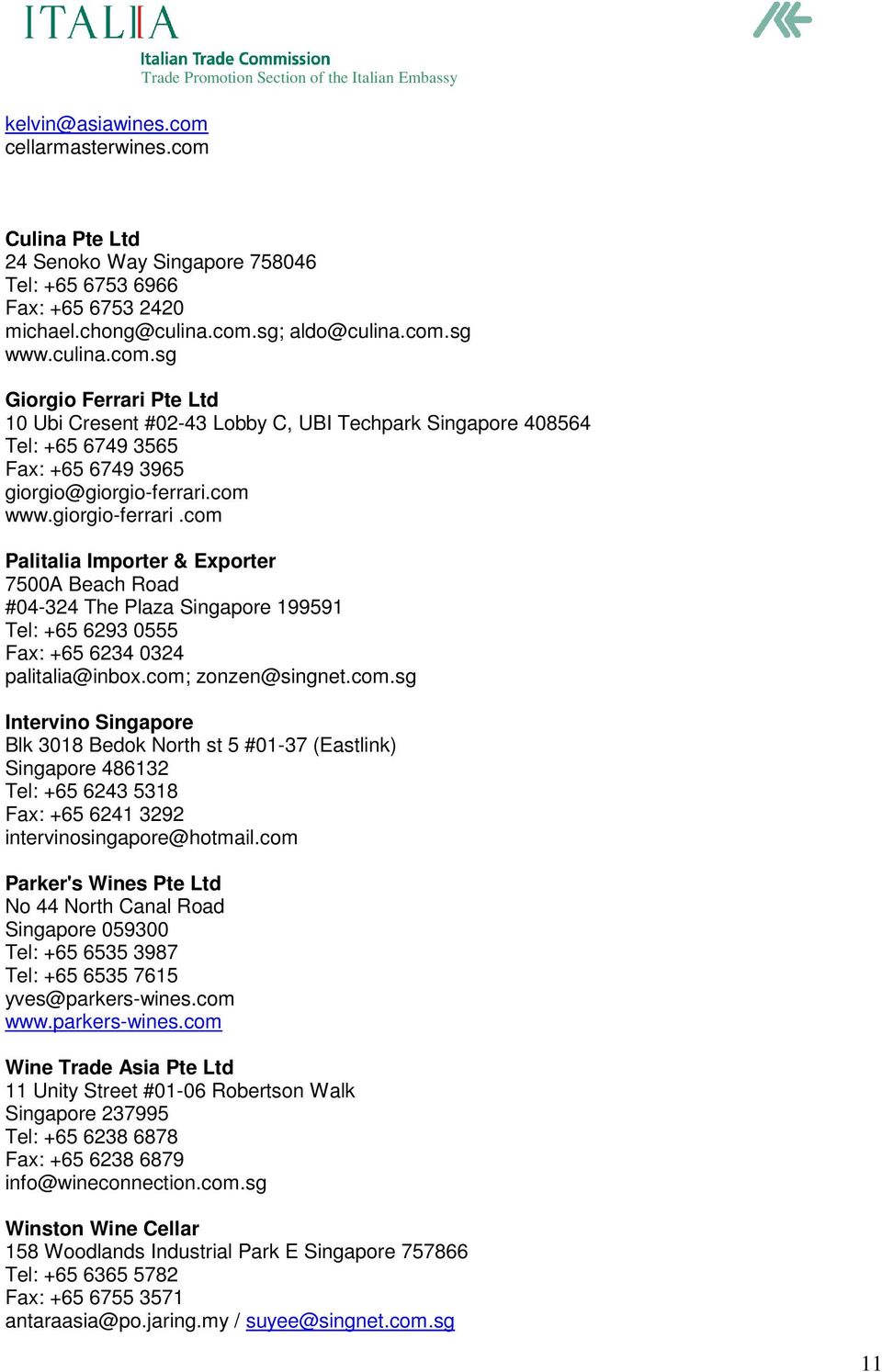 com www.giorgio-ferrari.com Palitalia Importer & Exporter 7500A Beach Road #04-324 The Plaza Singapore 199591 Tel: +65 6293 0555 Fax: +65 6234 0324 palitalia@inbox.com; zonzen@singnet.com.sg Intervino Singapore Blk 3018 Bedok North st 5 #01-37 (Eastlink) Singapore 486132 Tel: +65 6243 5318 Fax: +65 6241 3292 intervinosingapore@hotmail.