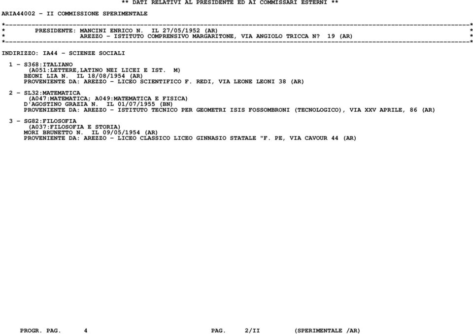 M) BEONI LIA N. IL 18/08/1954 (AR) PROVENIENTE DA: AREZZO - LICEO SCIENTIFICO F. REDI, VIA LEONE LEONI 38 (AR) 2 - SL32:MATEMATICA (A047:MATEMATICA; A049:MATEMATICA E FISICA) D'AGOSTINO GRAZIA N.