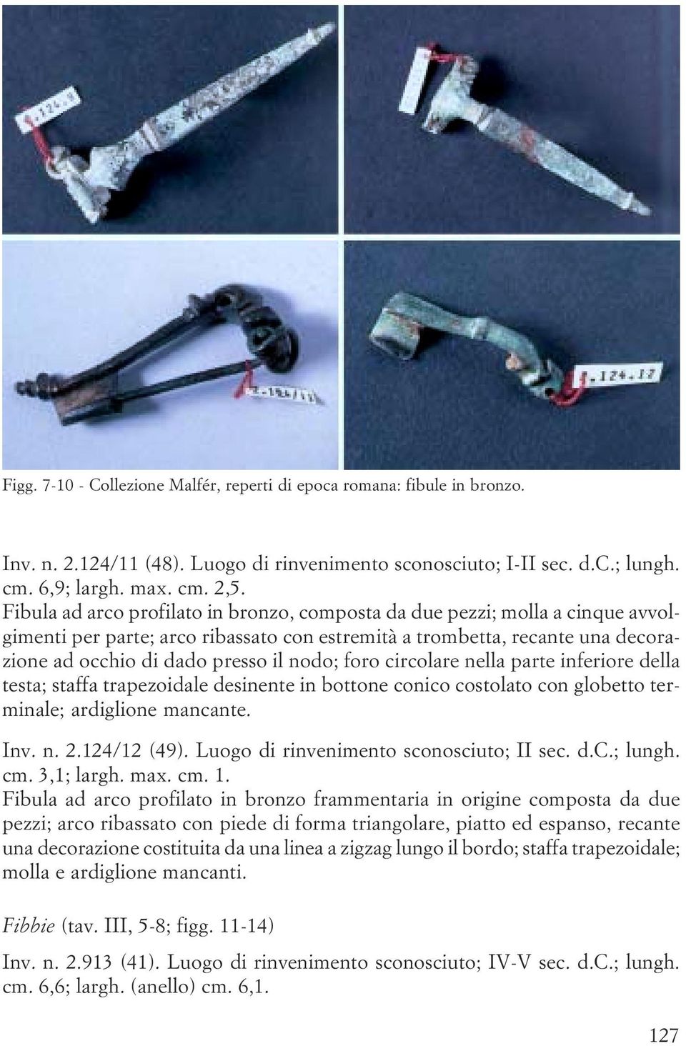 inferiore della testa; staffa trapezoidale desinente in bottone conico costolato con globetto terminale; ardiglione mancante Inv n 2 124/12 (49) Luogo di rinvenimento sconosciuto; II sec d C ; lungh