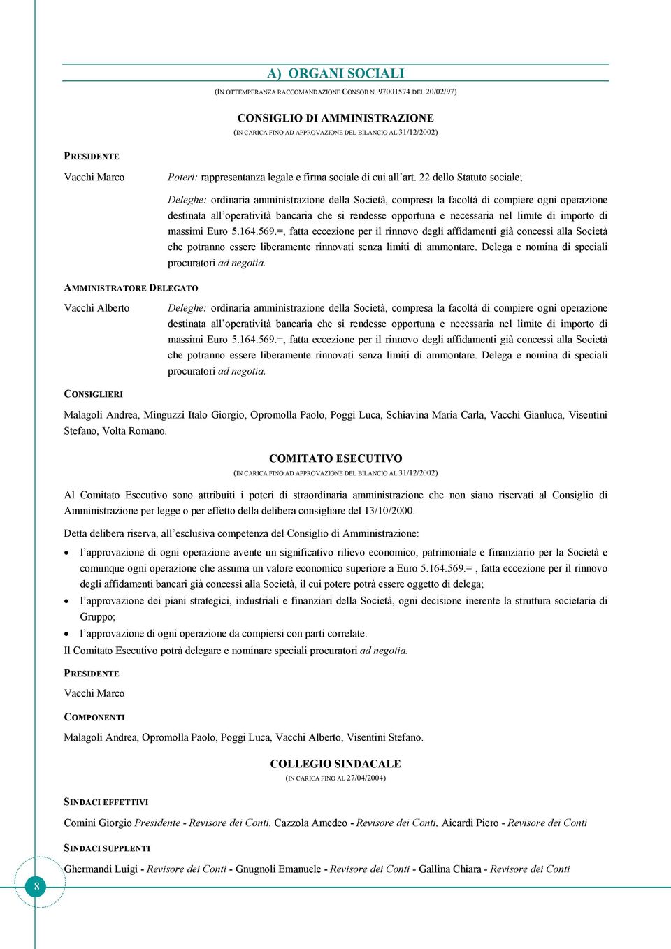 22 dello Statuto sociale; Deleghe: ordinaria amministrazione della Società, compresa la facoltà di compiere ogni operazione destinata all operatività bancaria che si rendesse opportuna e necessaria