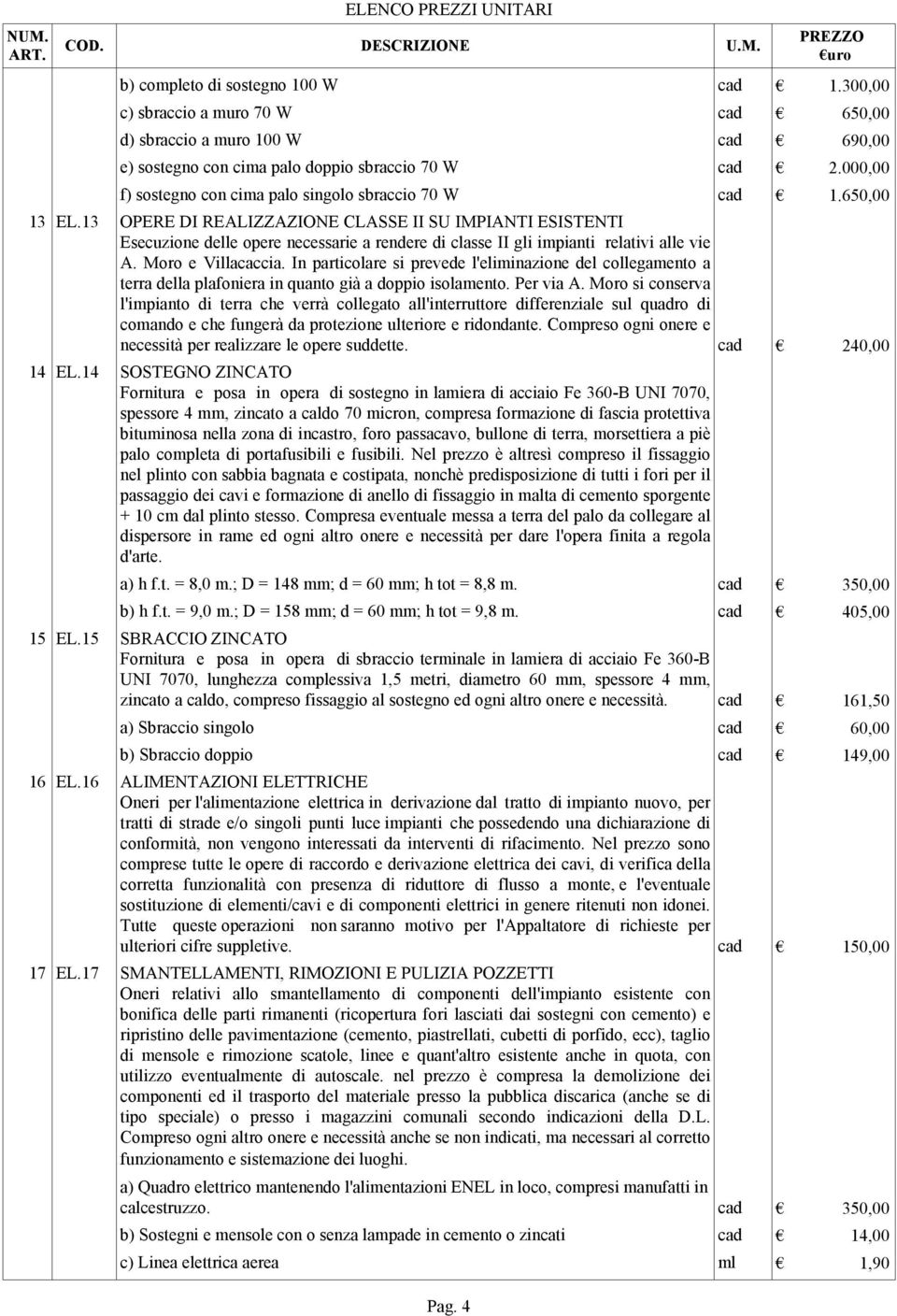 13 OPERE DI REALIZZAZIONE CLASSE II SU IMPIANTI ESISTENTI Esecuzione delle opere necessarie a rendere di classe II gli impianti relativi alle vie A. Moro e Villacaccia.