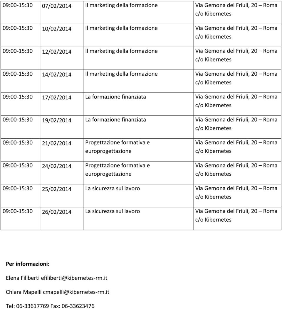 21/02/2014 Progettazione formativa e europrogettazione 09:00-15:30 24/02/2014 Progettazione formativa e europrogettazione 09:00-15:30 25/02/2014 La sicurezza sul