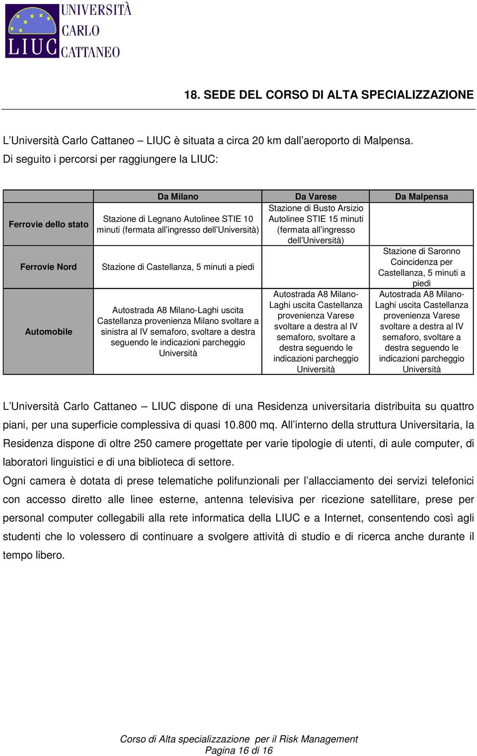 STIE 15 minuti minuti (fermata all ingresso dell Università) (fermata all ingresso dell Università) Stazione di Saronno Stazione di Castellanza, 5 minuti a piedi Coincidenza per Castellanza, 5 minuti