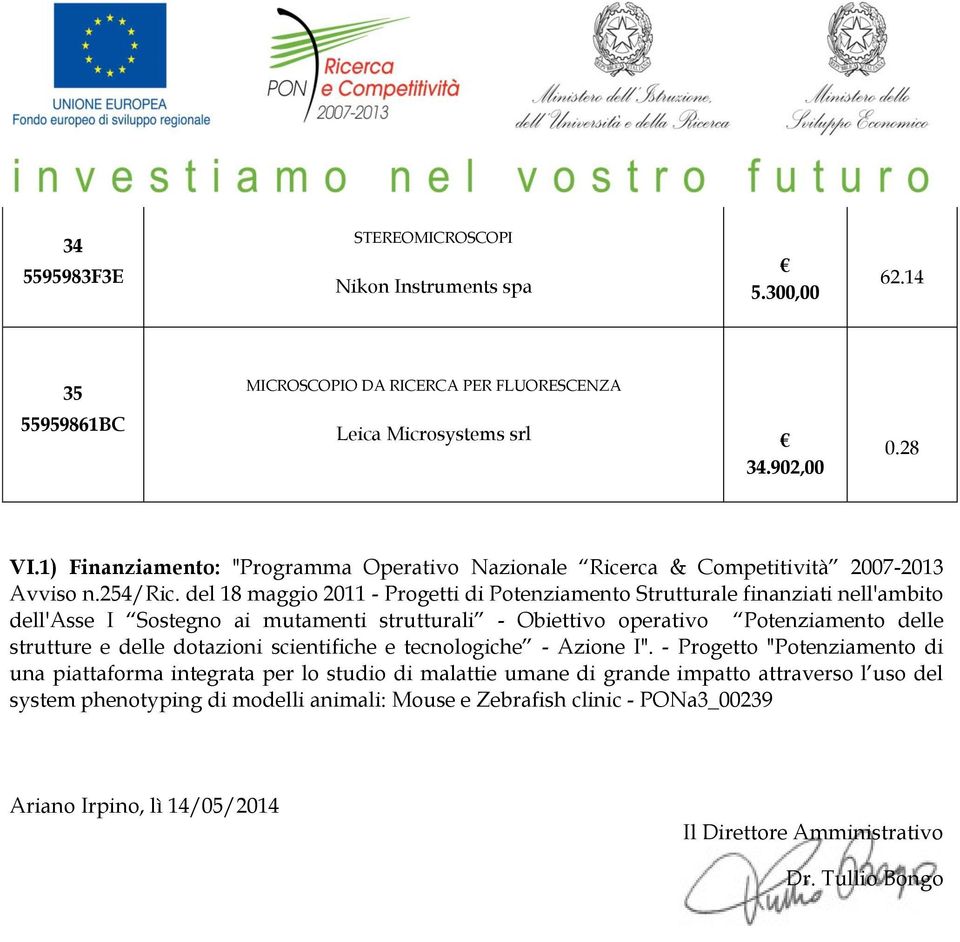 del 18 maggio 2011 - Progetti di Potenziamento Strutturale finanziati nell'ambito dell'asse I Sostegno ai mutamenti strutturali - Obiettivo operativo Potenziamento delle strutture e delle