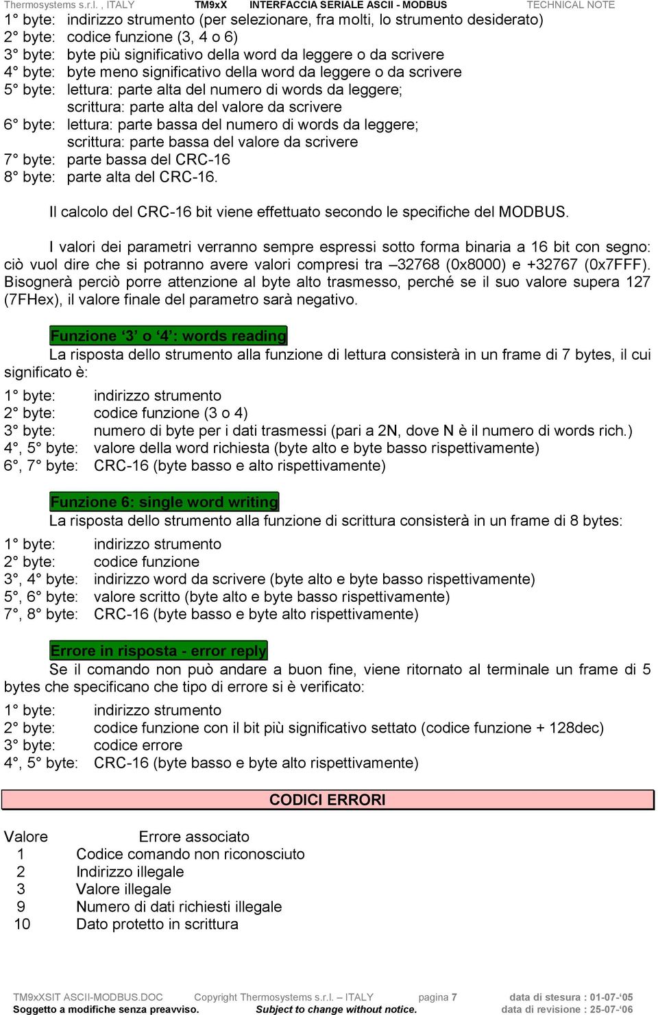 di words da leggere; scrittura: parte bassa del valore da scrivere 7 byte: parte bassa del CRC-16 8 byte: parte alta del CRC-16.