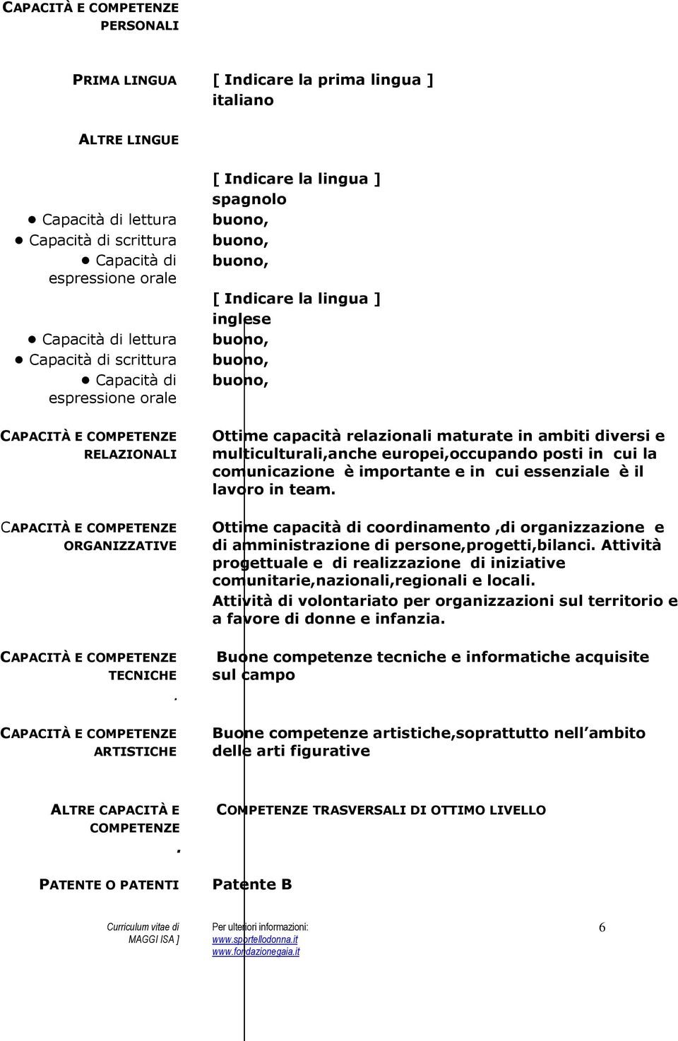 ARTISTICHE [ Indicare la lingua ] spagnolo [ Indicare la lingua ] inglese Ottime capacità relazionali maturate in ambiti diversi e multiculturali,anche europei,occupando posti in cui la comunicazione