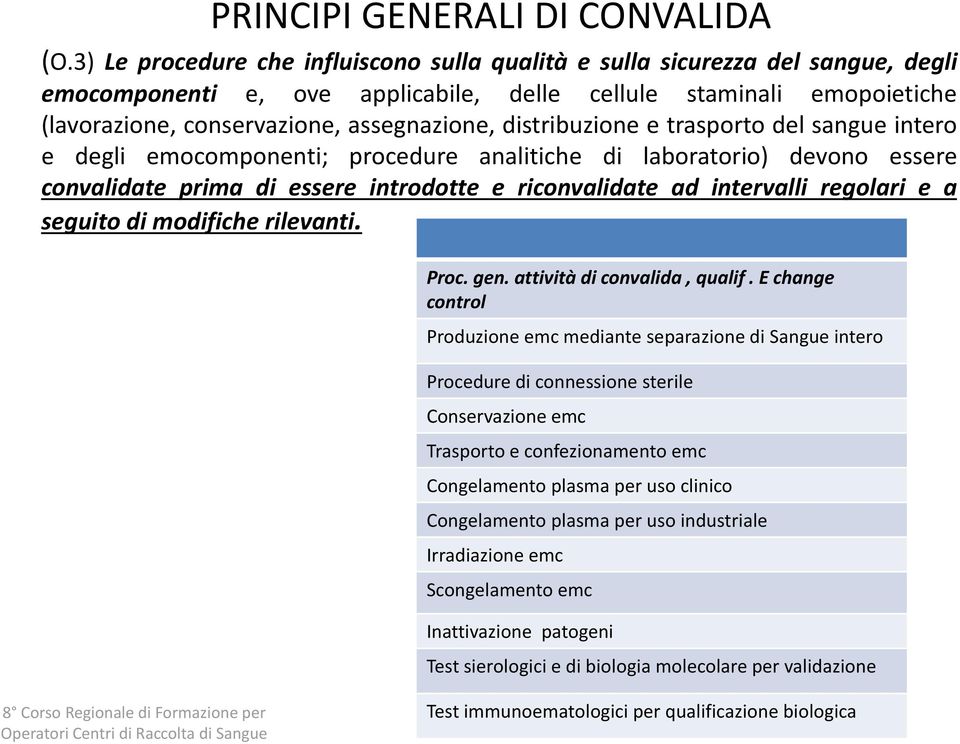 distribuzione e trasporto del sangue intero e degli emocomponenti; procedure analitiche di laboratorio) devono essere convalidate prima di essere introdotte e riconvalidate ad intervalli regolari e a