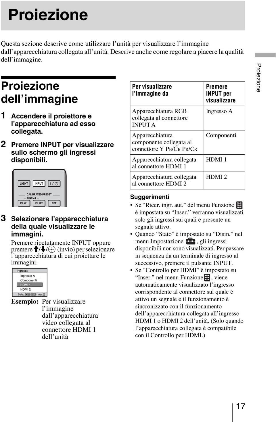 Per visualizzare l immagine da Apparecchiatura RGB collegata al connettore INPUT A Apparecchiatura componente collegata al connettore Y PB/CB PR/CR Apparecchiatura collegata al connettore HDMI 1