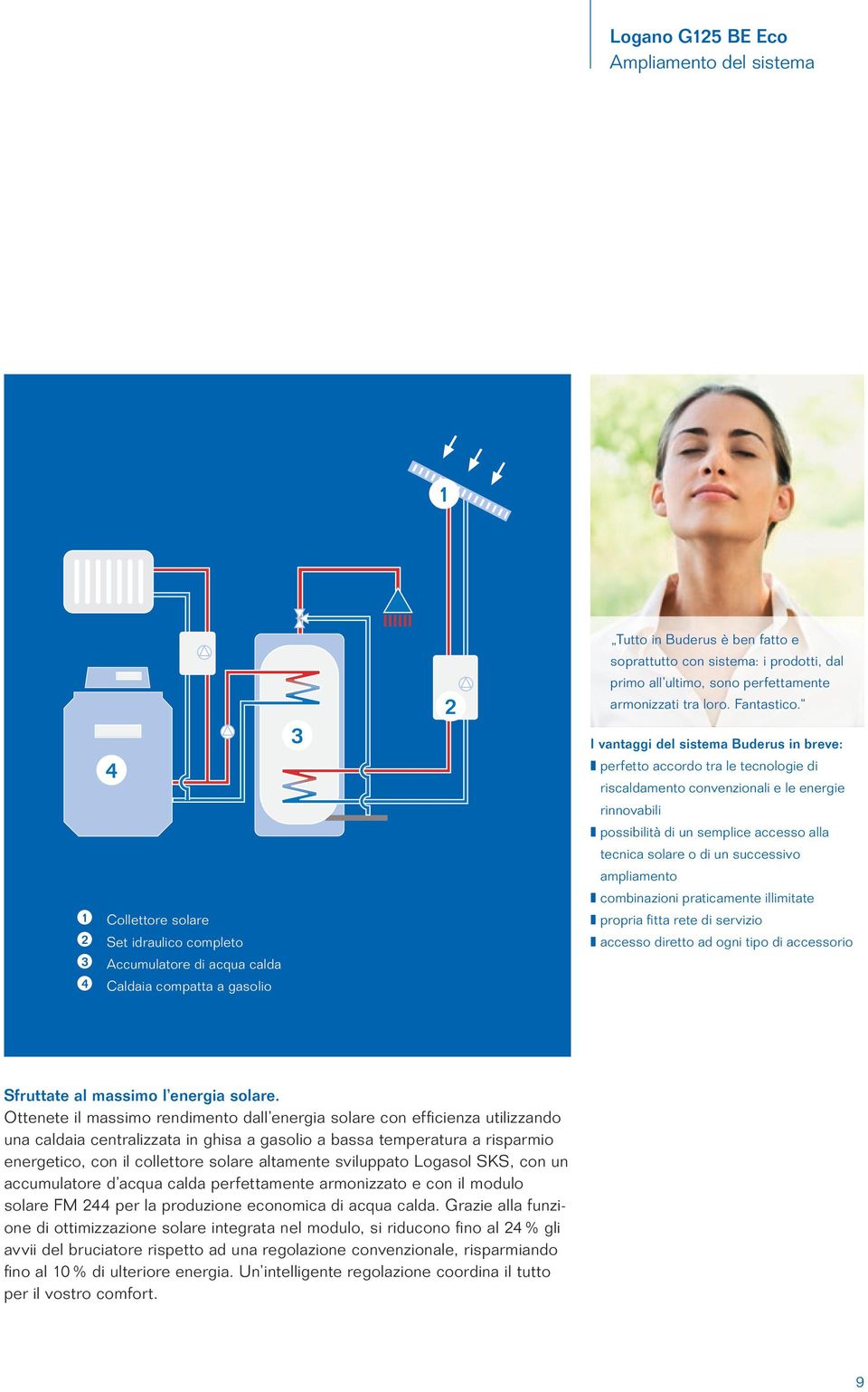 I vantaggi del sistema Buderus in breve: z perfetto accordo tra le tecnologie di riscaldamento convenzionali e le energie rinnovabili z possibilità di un semplice accesso alla tecnica solare o di un