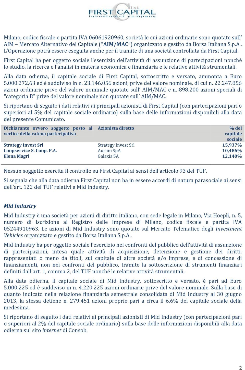 strumentali. Alla data odierna, il capitale sociale di First Capital, sottoscritto e versato, ammonta a Euro 5.000.272,63 ed è suddiviso in n. 23.146.056 azioni, prive del valore nominale, di cui n.