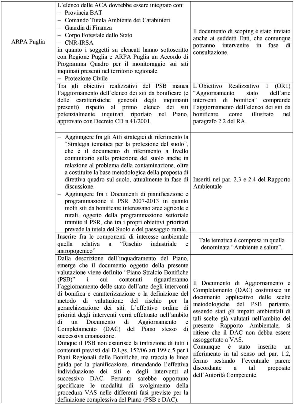 Protezione Civile Tra gli obiettivi realizzativi del PSB manca l aggiornamento dell elenco dei siti da bonificare (e delle caratteristiche generali degli inquinanti presenti) rispetto al primo elenco