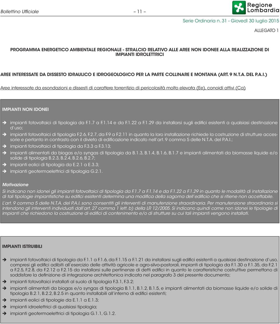 1.7 a F.1.14 e da F.1.22 a F.1.29 da installarsi sugli edifici a qualsiasi destinazione d uso; impianti fotovoltaici di tipologia F.2.6, F.2.7, da F.9 a F.2.11 in quanto la loro installazione richiede la costruzione di strutture accessorie e pertanto in contrasto con il divieto di edificazione indicato nell art.