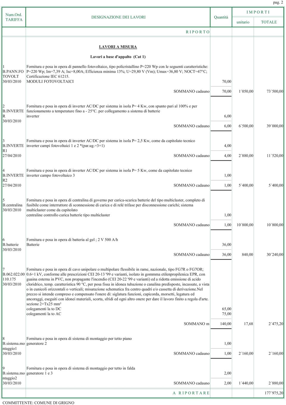 30/03/2010 MODULI FOTOVOLTAICI 70,00 SOMMANO cadauno 70,00 1 050,00 73 500,00 2 Fornitura e posa in opera di inverter AC/DC per sistema in isola P= 4 Kw, con spunto pari al 100% e per B.