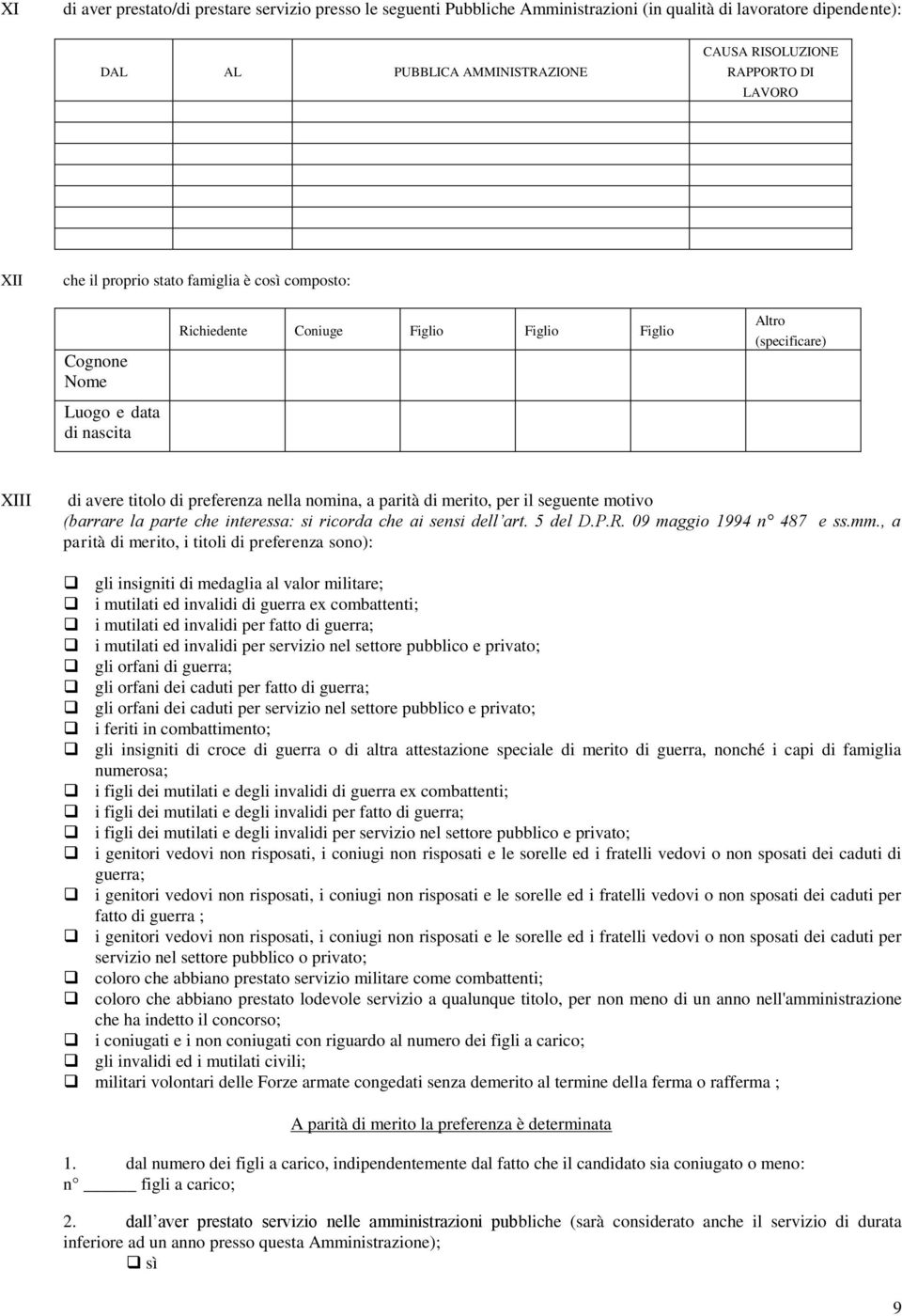 parità di merito, per il seguente motivo (barrare la parte che interessa: si ricorda che ai sensi dell art. 5 del D.P.R. 09 maggio 1994 n 487 e ss.mm.