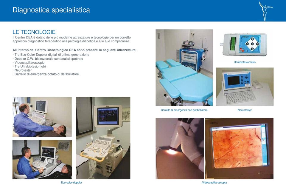 All interno del Centro Diabetologico DEA sono presenti le seguenti attrezzature: Tre Eco-Color Doppler digitali di ultima generazione Doppler C.W.