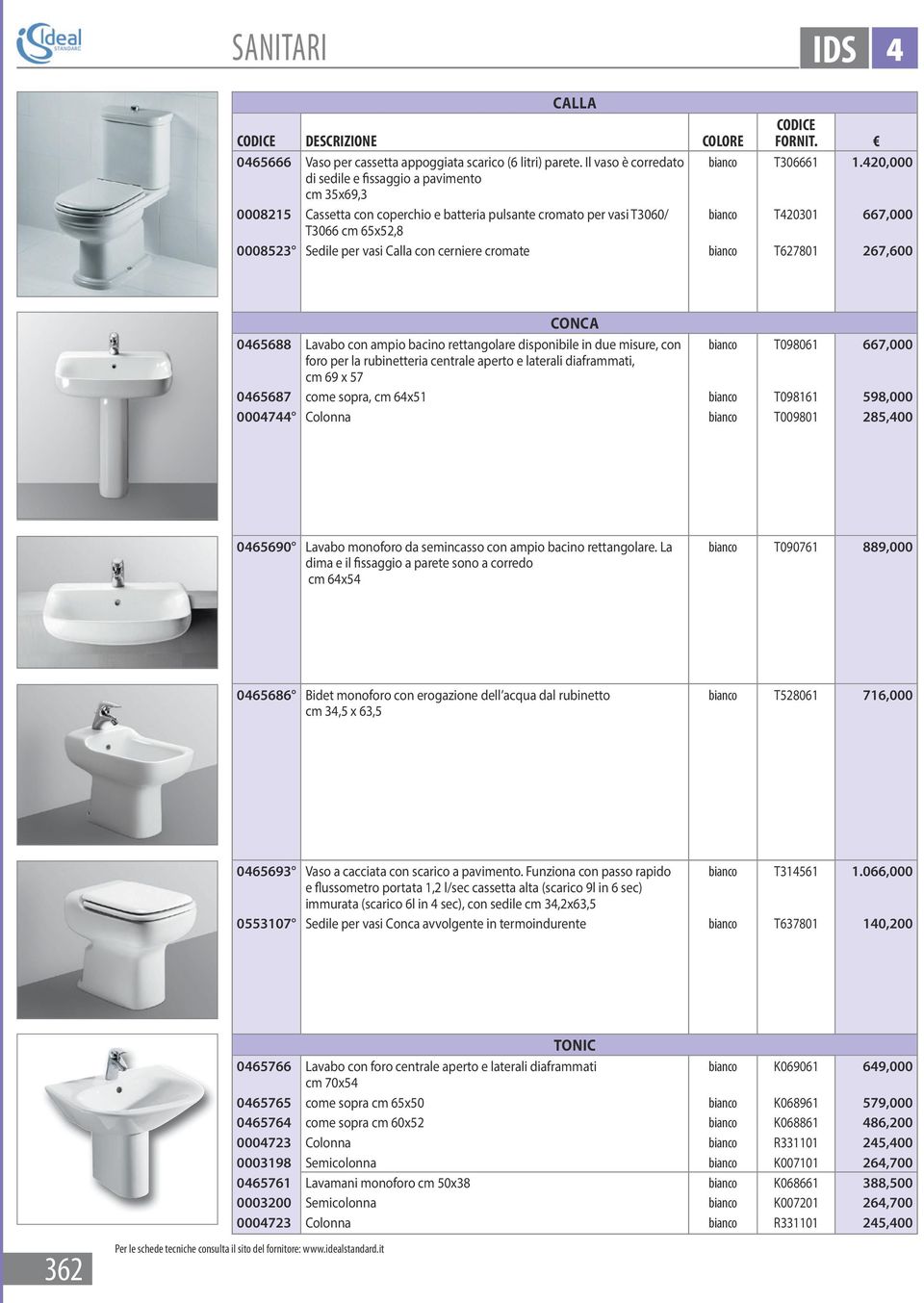 con cerniere cromate bianco T627801 267,600 Conca 0465688 Lavabo con ampio bacino rettangolare disponibile in due misure, con bianco T098061 667,000 foro per la rubinetteria centrale aperto e