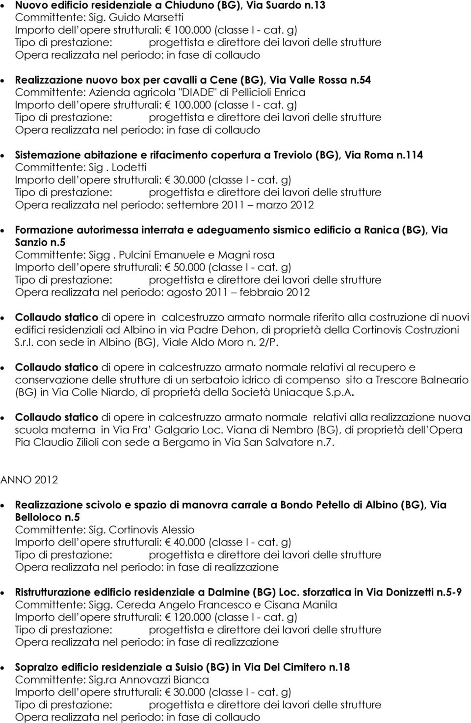 g) Sistemazione abitazione e rifacimento copertura a Treviolo (BG), Via Roma n.114 Committente: Sig. Lodetti Importo dell opere strutturali: 30.000 (classe I - cat.