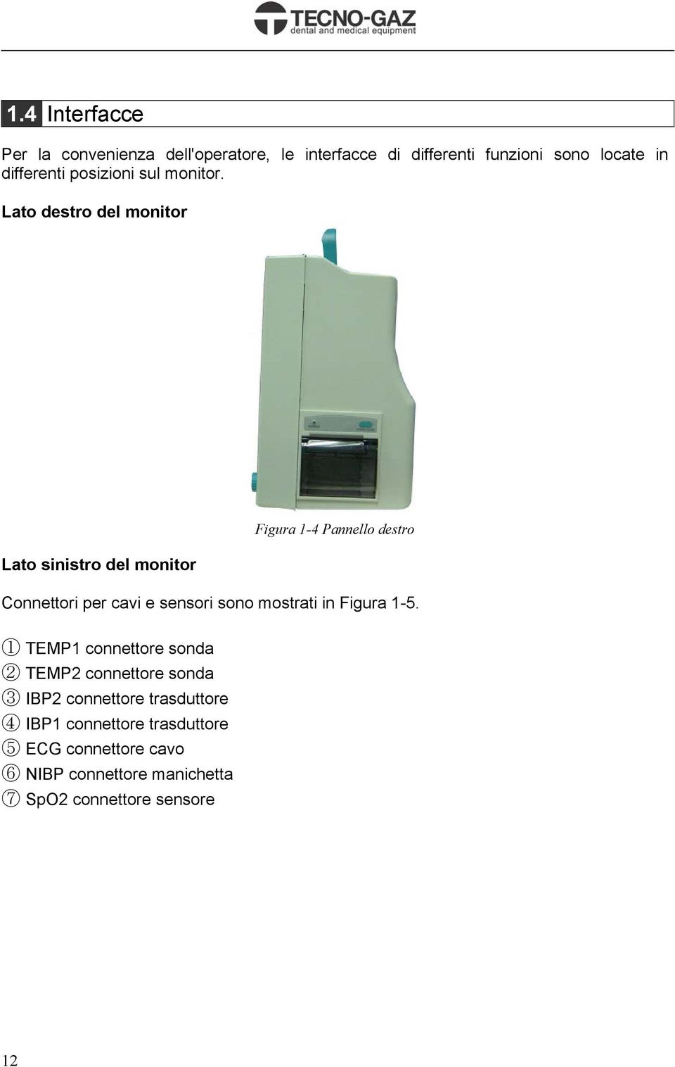 Lato destro del monitor Lato sinistro del monitor Figura 1-4 Pannello destro Connettori per cavi e sensori sono