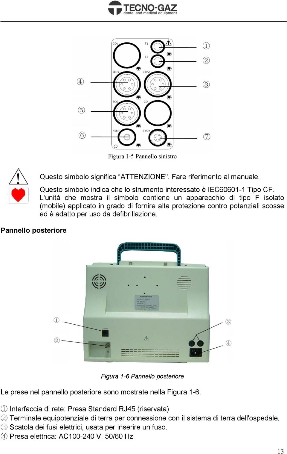 defibrillazione. Figura 1-6 Pannello posteriore Le prese nel pannello posteriore sono mostrate nella Figura 1-6.