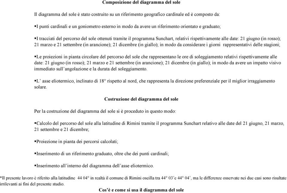 arancione); 21 dicembre (in giallo); in modo da considerare i giorni rappresentativi delle stagioni; Le proiezioni in pianta circolare del percorso del sole che rappresentano le ore di soleggiamento