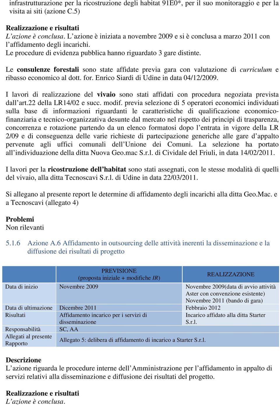 Le consulenze forestali sono state affidate previa gara con valutazione di curriculum e ribasso economico al dott. for. Enrico Siardi di Udine in data 04/12/2009.