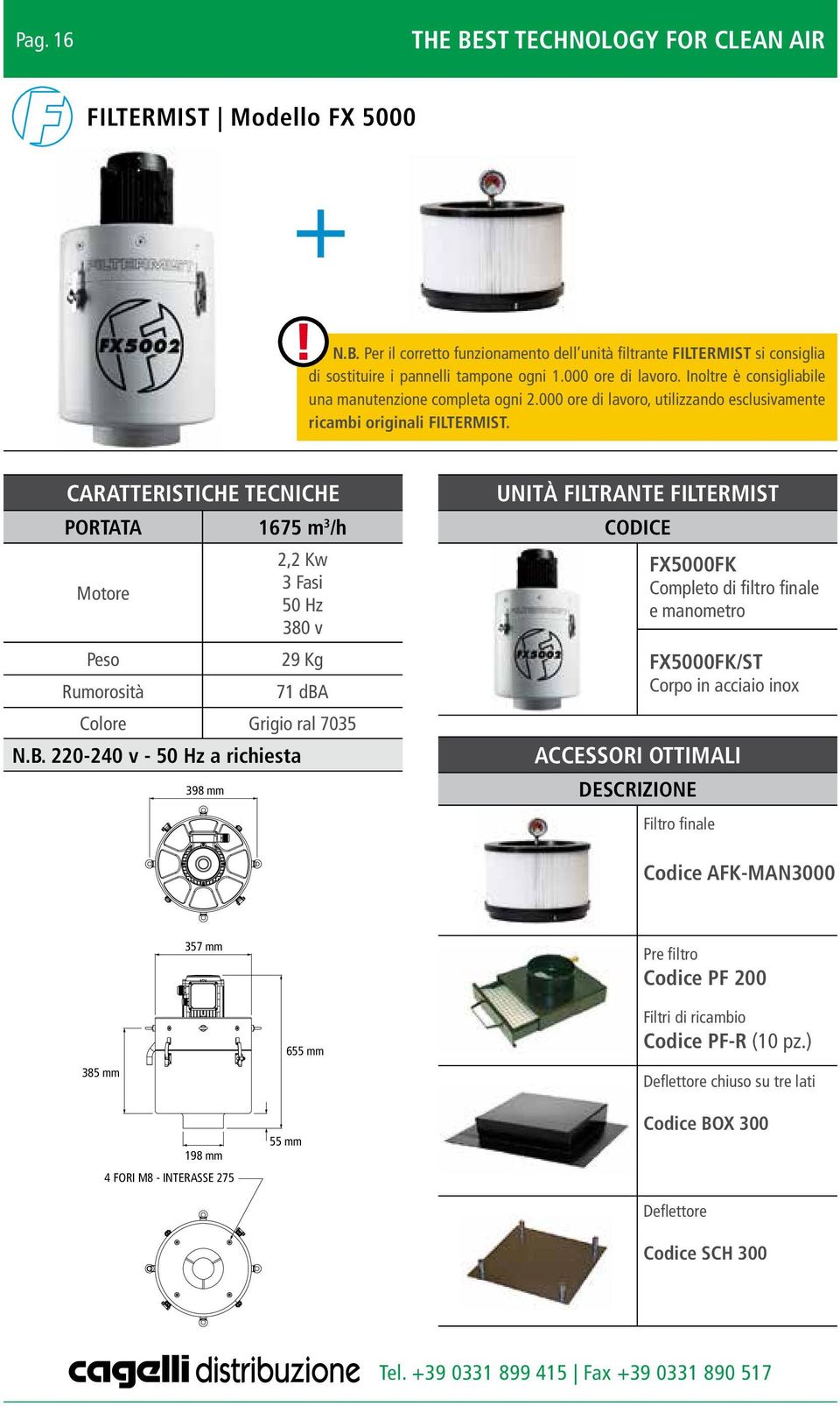 CARATTERISTICHE TECNICHE PORTATA 1675 m 3 /h Motore Peso Rumorosità 2,2 Kw 3 Fasi 50 Hz 380 v 29 Kg 71 dba Colore Grigio ral 7035 N.B.