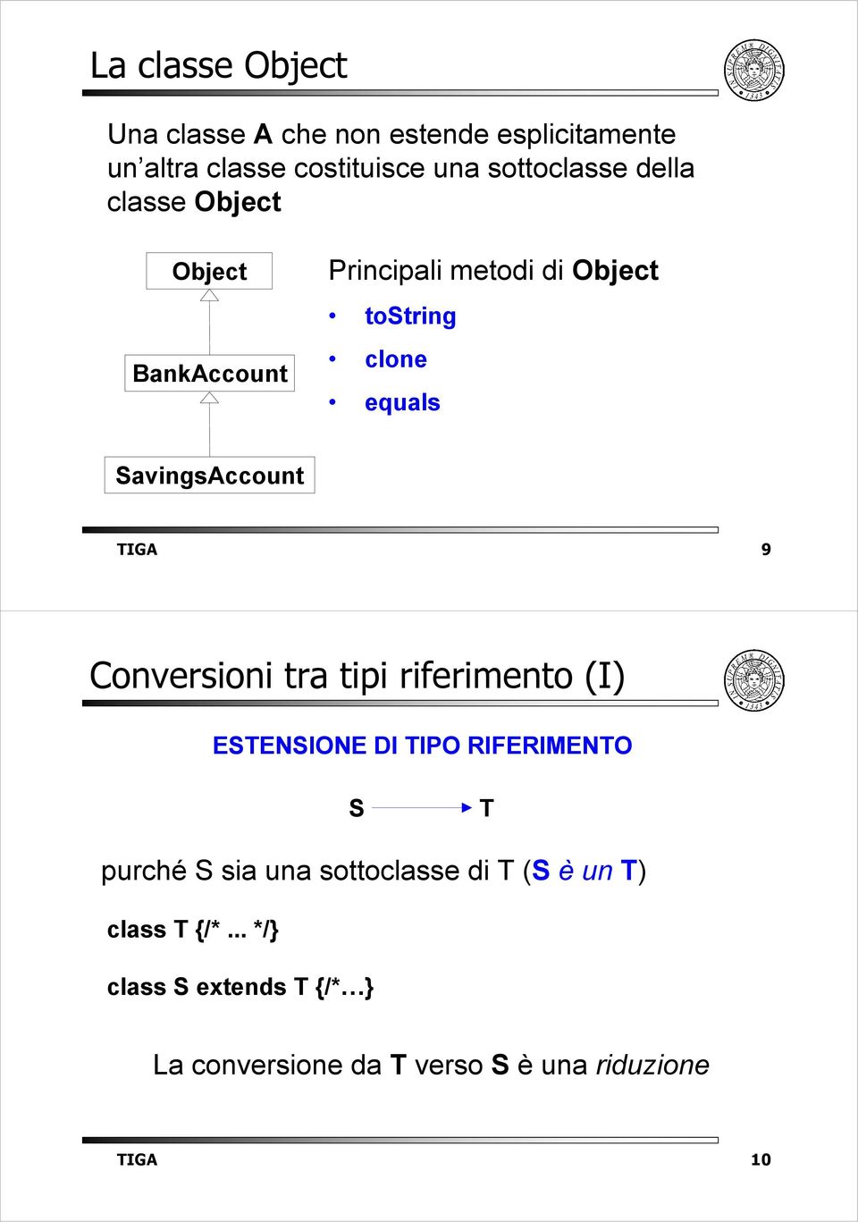 TIGA 9 Conversioni tra tipi riferimento (I) ESTENSIONE DI TIPO RIFERIMENTO S T purché S sia una