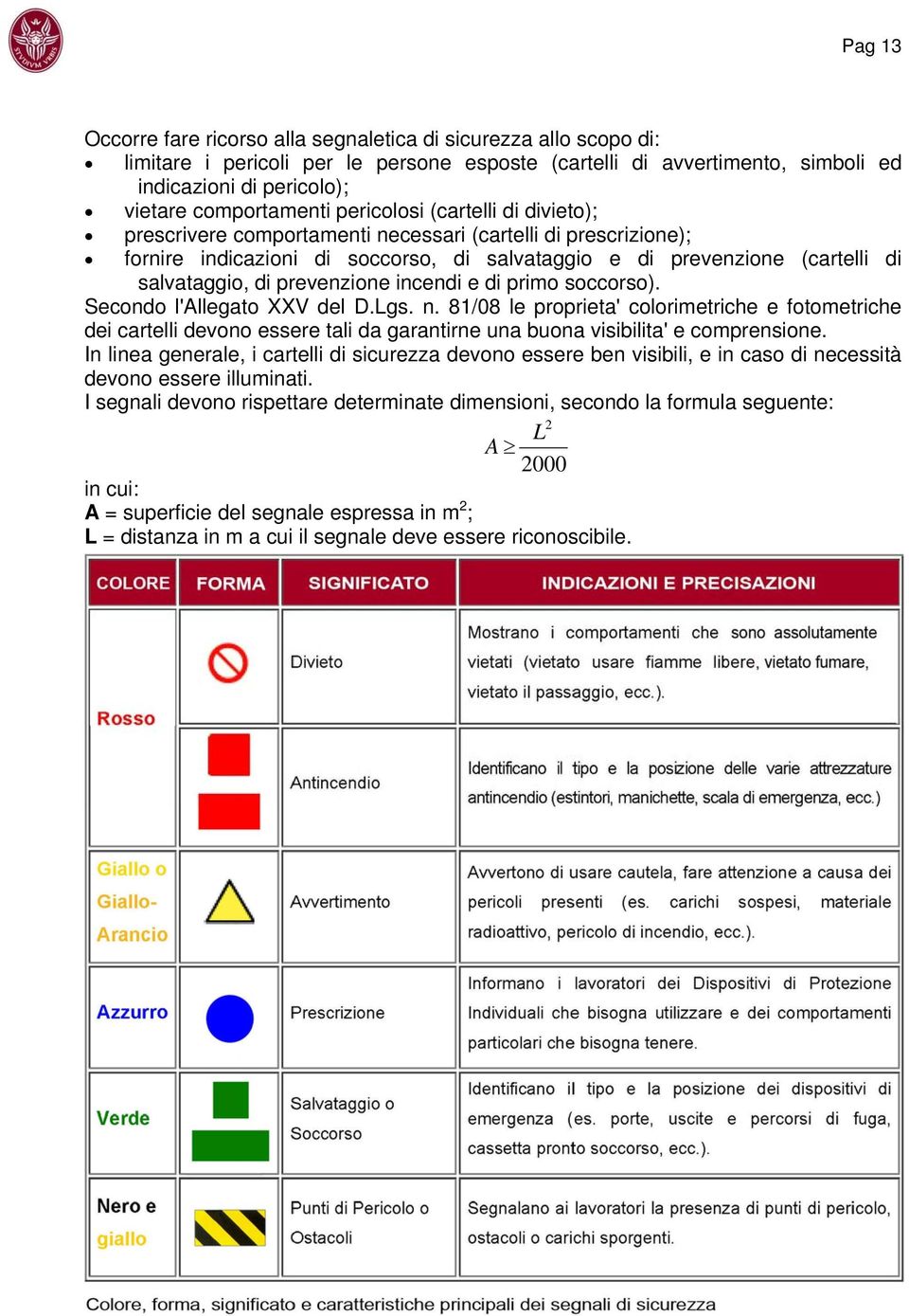 salvataggio, di prevenzione incendi e di primo soccorso). Secondo l'allegato XXV del D.Lgs. n.