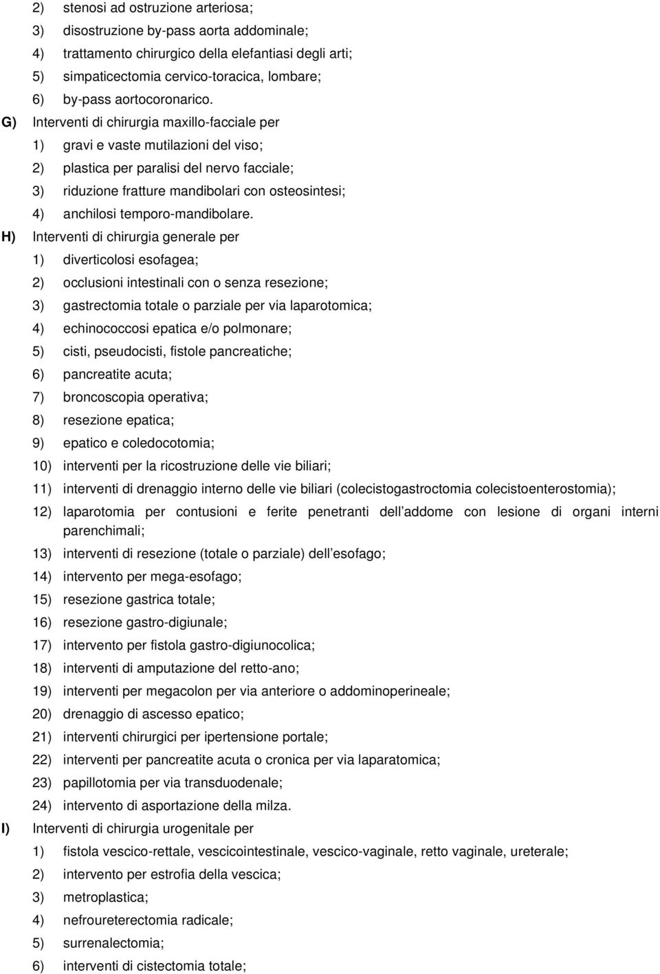 G) Interventi di chirurgia maxillo-facciale per 1) gravi e vaste mutilazioni del viso; 2) plastica per paralisi del nervo facciale; 3) riduzione fratture mandibolari con osteosintesi; 4) anchilosi