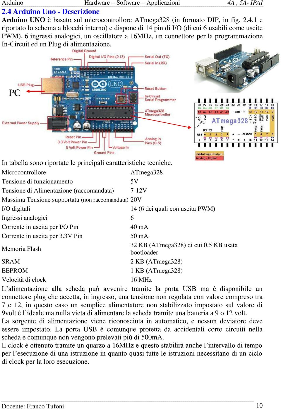 Microcontrollore Tensione di funzionamento Tensione di Alimentazione (raccomandata) Massima Tensione supportata (non raccomandata) I/O digitali Ingressi analogici Corrente in uscita per I/O Pin