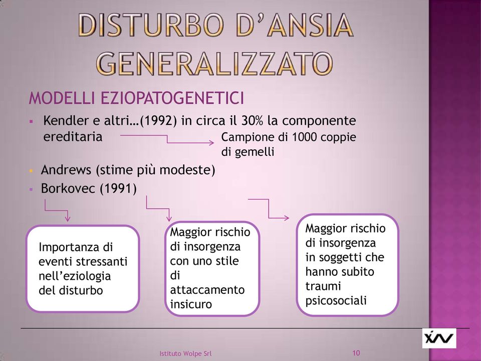 stressanti nell eziologia del disturbo Maggior rischio di insorgenza con uno stile di attaccamento