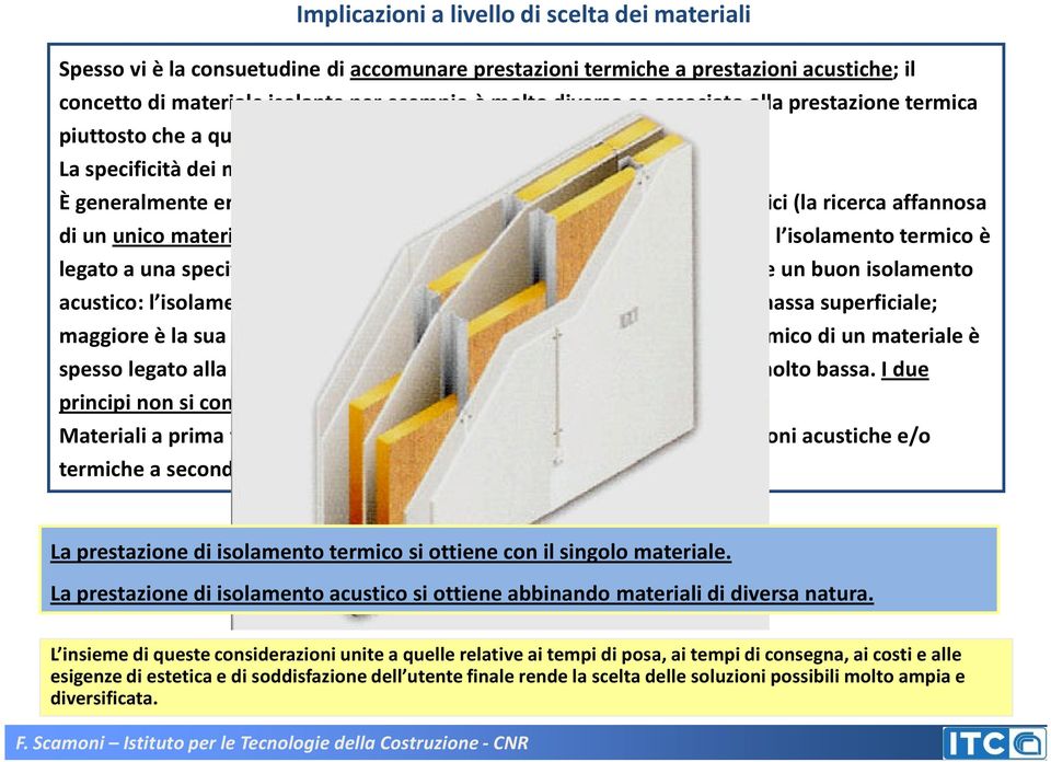 La specificità dei materiali È generalmente errato pensare che esistano materiali isolanti termo-acustici (la ricerca affannosa di un unico materiale isolante termo-acustico ideale rimane un miraggio!