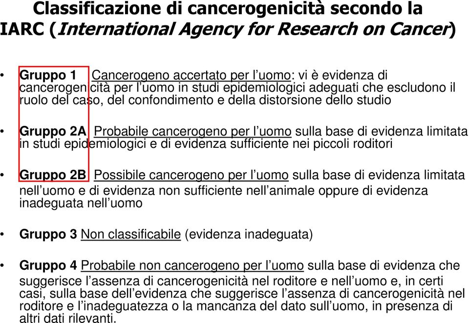 epidemiologici e di evidenza sufficiente nei piccoli roditori Gruppo 2B Possibile cancerogeno per l uomo sulla base di evidenza limitata nell uomo e di evidenza non sufficiente nell animale oppure di