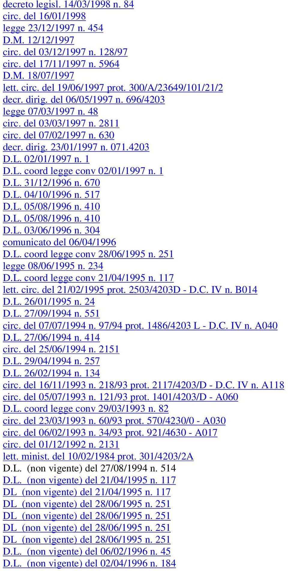 L. coord legge conv 02/01/1997 n. 1 D.L. 31/12/1996 n. 670 D.L. 04/10/1996 n. 517 D.L. 05/08/1996 n. 410 D.L. 05/08/1996 n. 410 D.L. 03/06/1996 n. 304 comunicato del 06/04/1996 D.L. coord legge conv 28/06/1995 n.