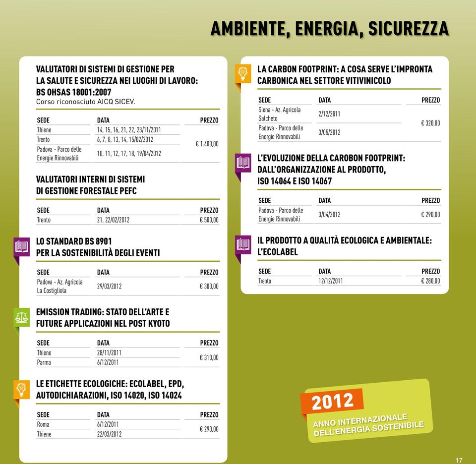 400,00 Padova - Parco delle 10, 11, 12, 17, 18, 19/04/2012 Energie Rinnovabili Valutatori interni di Sistemi di Gestione Forestale PEFC Trento 21, 22/02/2012 500,00 Lo standard BS 8901 per la