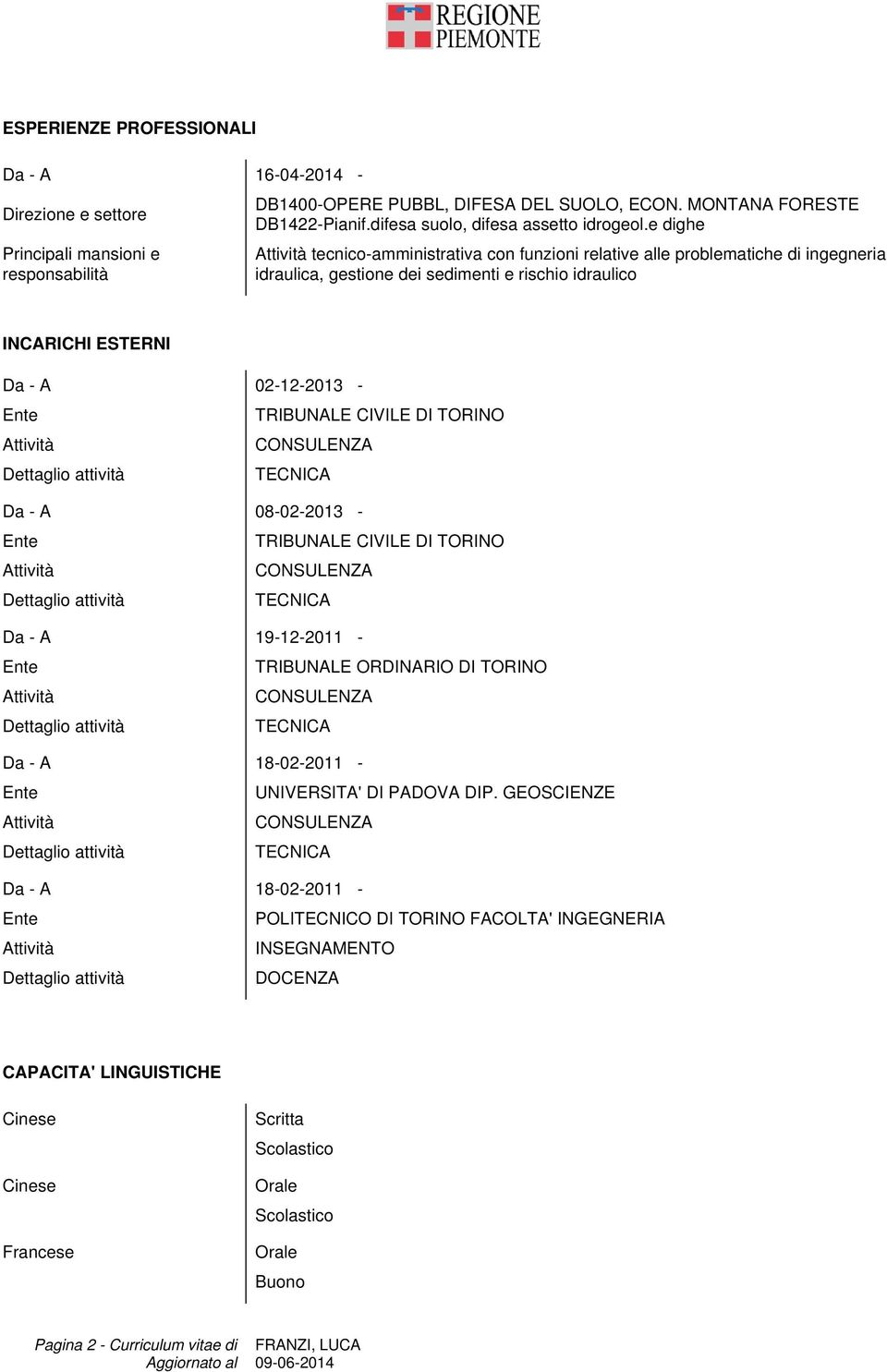 e dighe tecnico-amministrativa con funzioni relative alle problematiche di ingegneria idraulica, gestione dei sedimenti e rischio idraulico INCARICHI ESTERNI Da - A 02-12-2013 - TRIBUNALE CIVILE DI