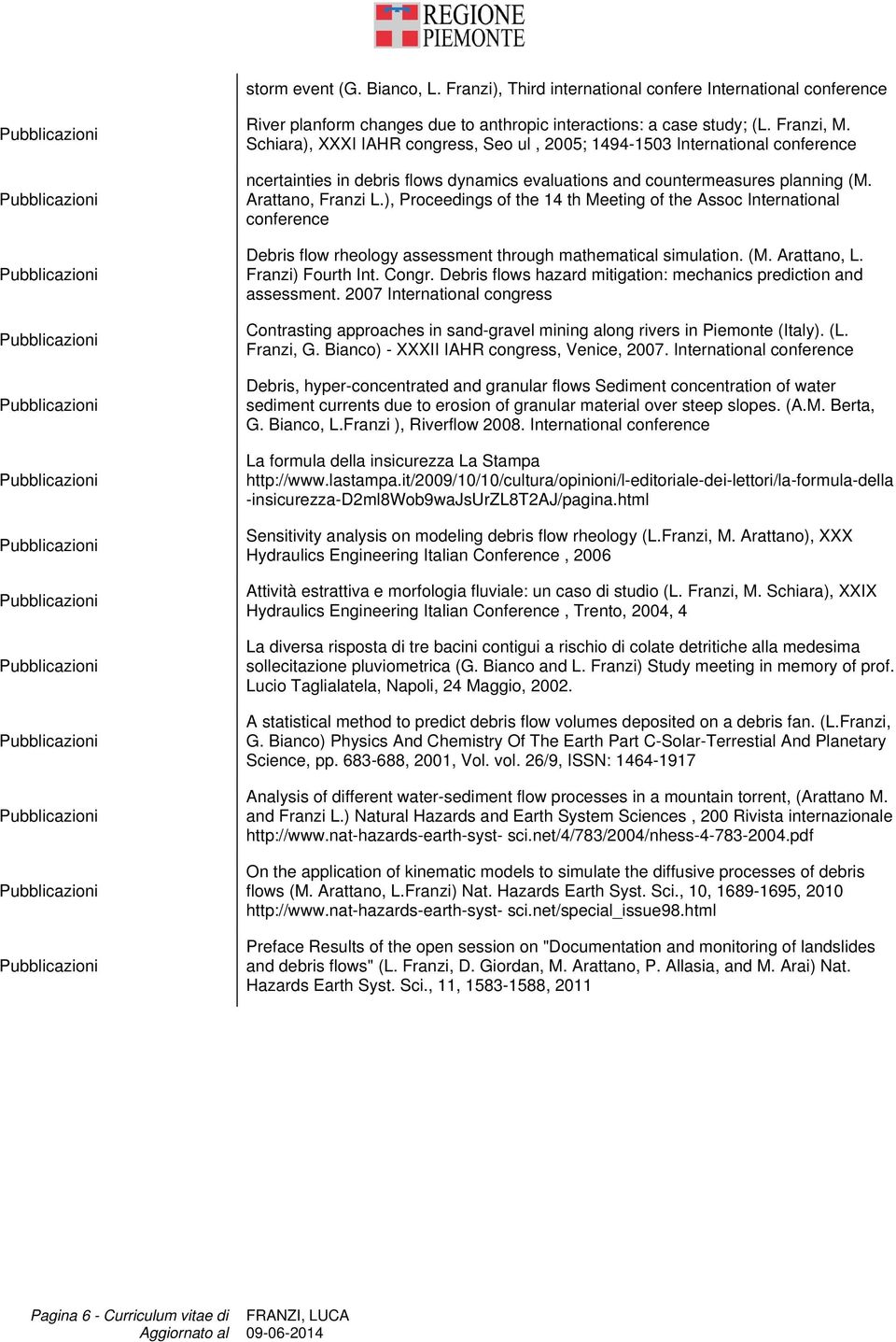 ), Proceedings of the 14 th Meeting of the Assoc International conference Debris flow rheology assessment through mathematical simulation. (M. Arattano, L. Franzi) Fourth Int. Congr.