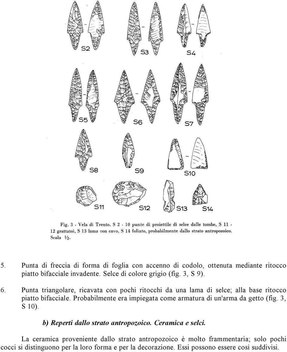 Probabilmente era impiegata come armatura di un'arma da getto (fig. 3, S 10). b) Reperti dallo strato antropozoico. Ceramica e selci.