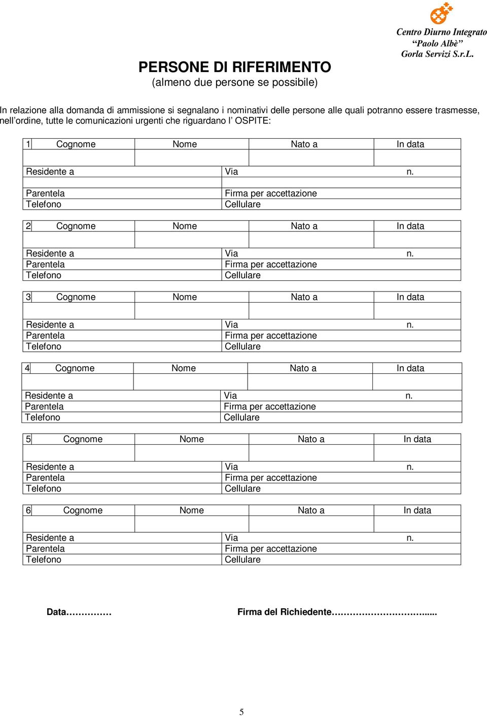 urgenti che riguardano l OSPITE: 1 Cognome Nome Nato a In data 2 Cognome Nome Nato a In data 3 Cognome Nome Nato a