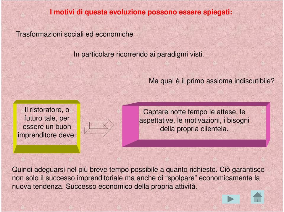 Il ristoratore, o futuro tale, per essere un buon imprenditore deve: Captare notte tempo le attese, le aspettative, le motivazioni, i