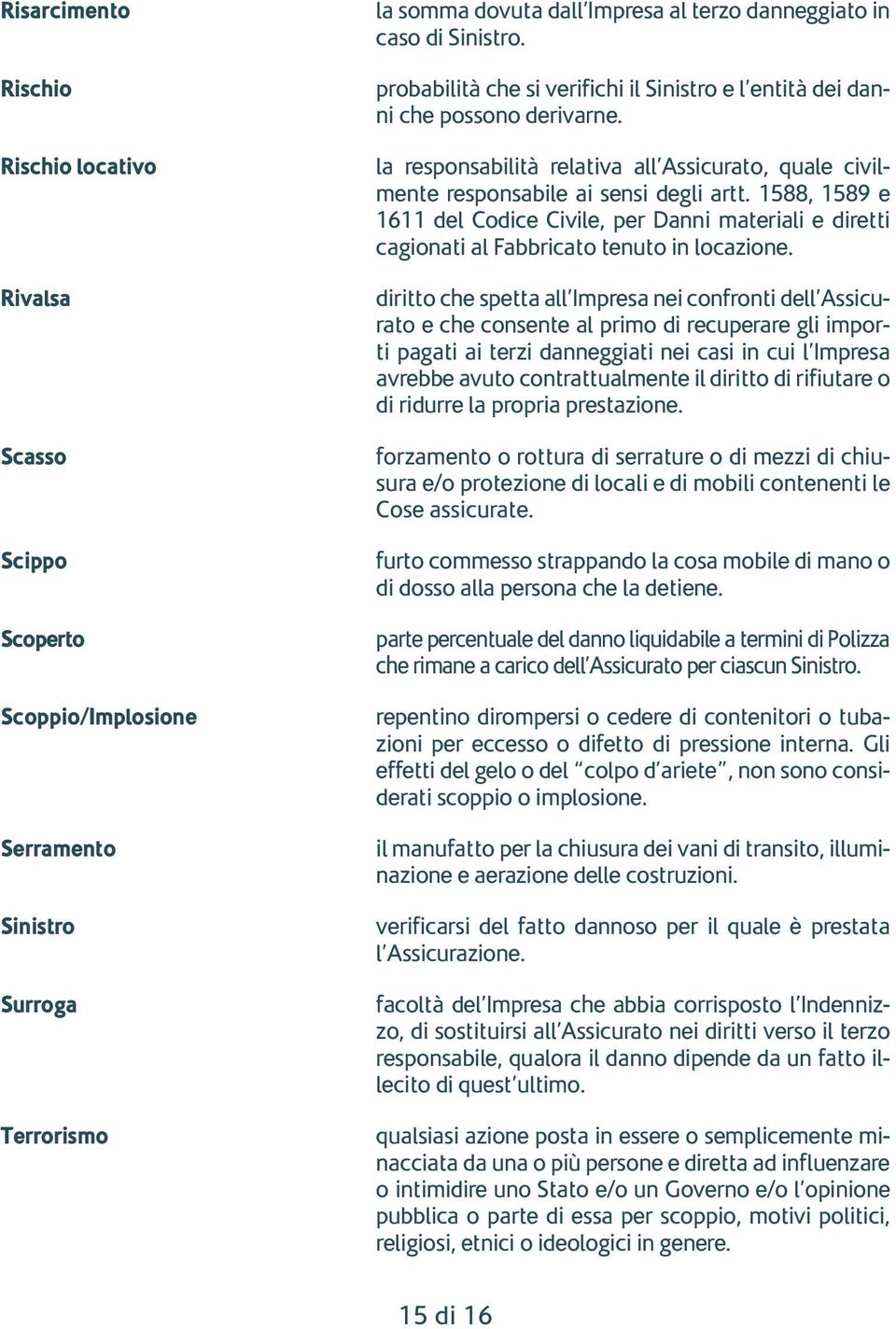 1588, 1589 e 1611 del Codice Civile, per Danni materiali e diretti cagionati al Fabbricato tenuto in locazione.