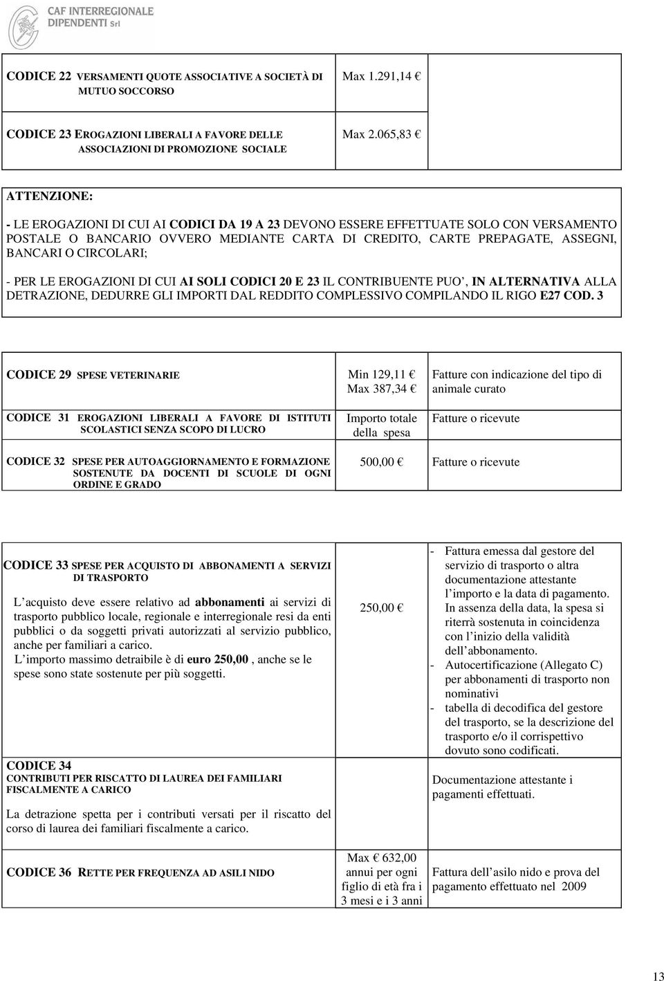 CIRCOLARI; - PER LE EROGAZIONI DI CUI AI SOLI CODICI 20 E 23 IL CONTRIBUENTE PUO, IN ALTERNATIVA ALLA DETRAZIONE, DEDURRE GLI IMPORTI DAL REDDITO COMPLESSIVO COMPILANDO IL RIGO E27 COD.