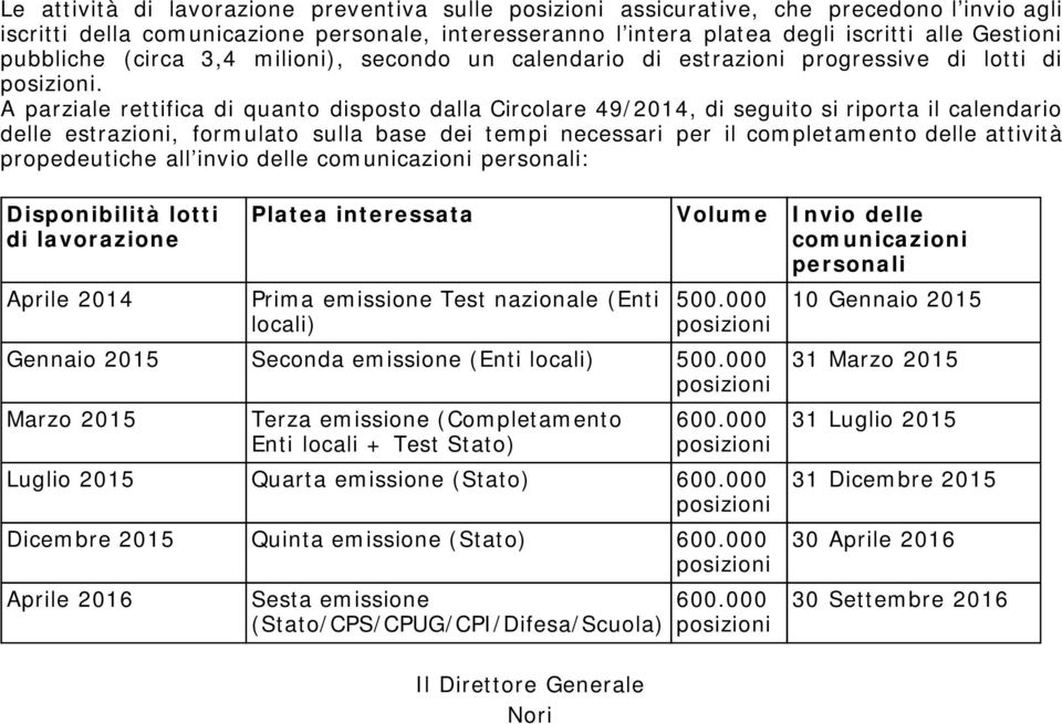 A parziale rettifica di quanto disposto dalla Circolare 49/2014, di seguito si riporta il calendario delle estrazioni, formulato sulla base dei tempi necessari per il completamento delle attività