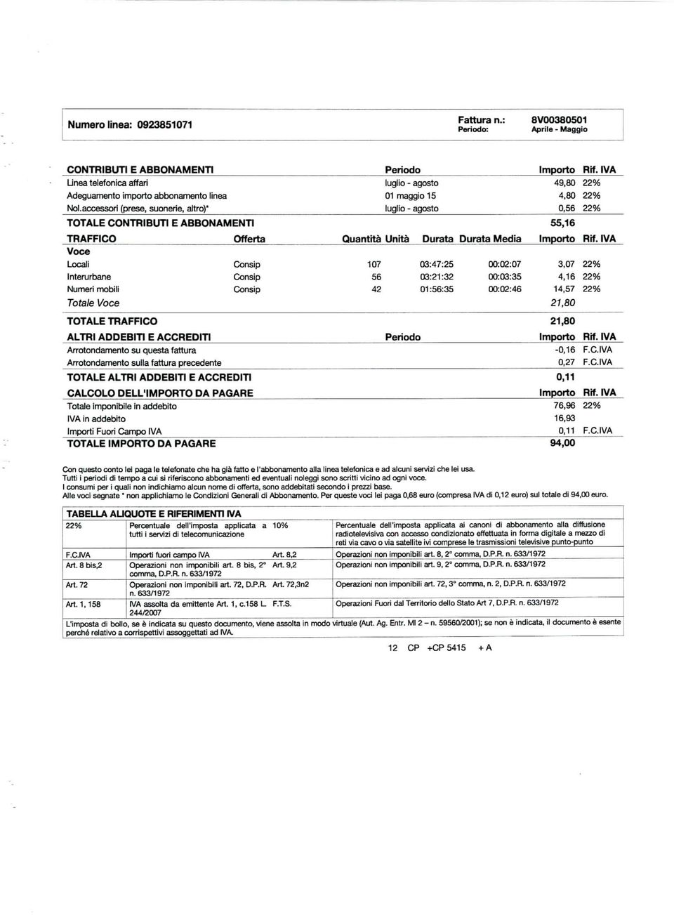 fattura Arrotondamento sulla fattura precedente Offerta Consip Consip Consip TOTALE ALTRI ADDEBITI E ACCREDITI CALCOLO DELL'IMPORTO DA PAGARE Totale imponibile in addebito IVA in addebito Importi